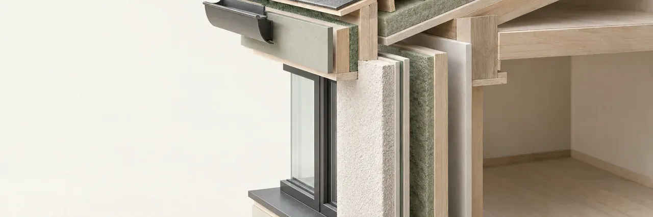 Schnittmodell eines Hauses mit sichtbar getrennten Schichten an Dachrand, Außenwand und Fensterlaibung.