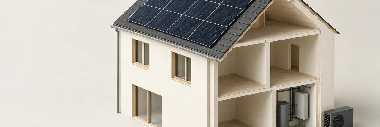 Modell eines Wohnhauses mit Solarmodulen auf dem Dach und einem geöffneten Wandabschnitt, der den Technikraum zeigt.