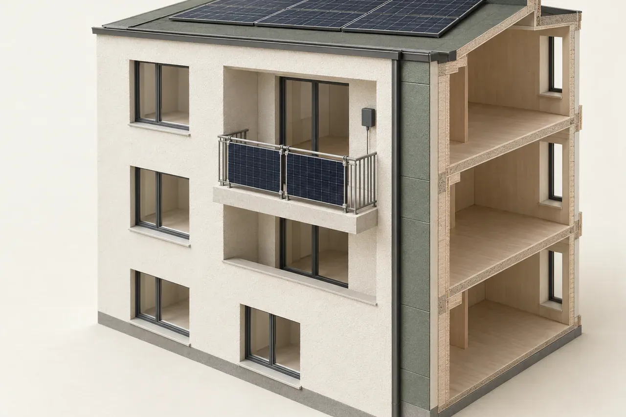 Architekturmodell eines Mehrfamilienhauses mit zwei Solarmodulen an einem Balkongeländer und einem kleinen Gerätegehäuse.