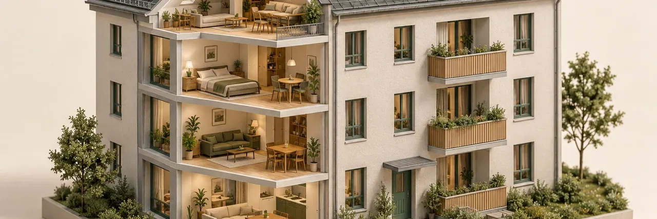 Architekturmodell eines mehrgeschossigen Wohnhauses mit Solarmodulen auf dem Dach und offenem Fassadenausschnitt, der mehrere Wohnungen zeigt.