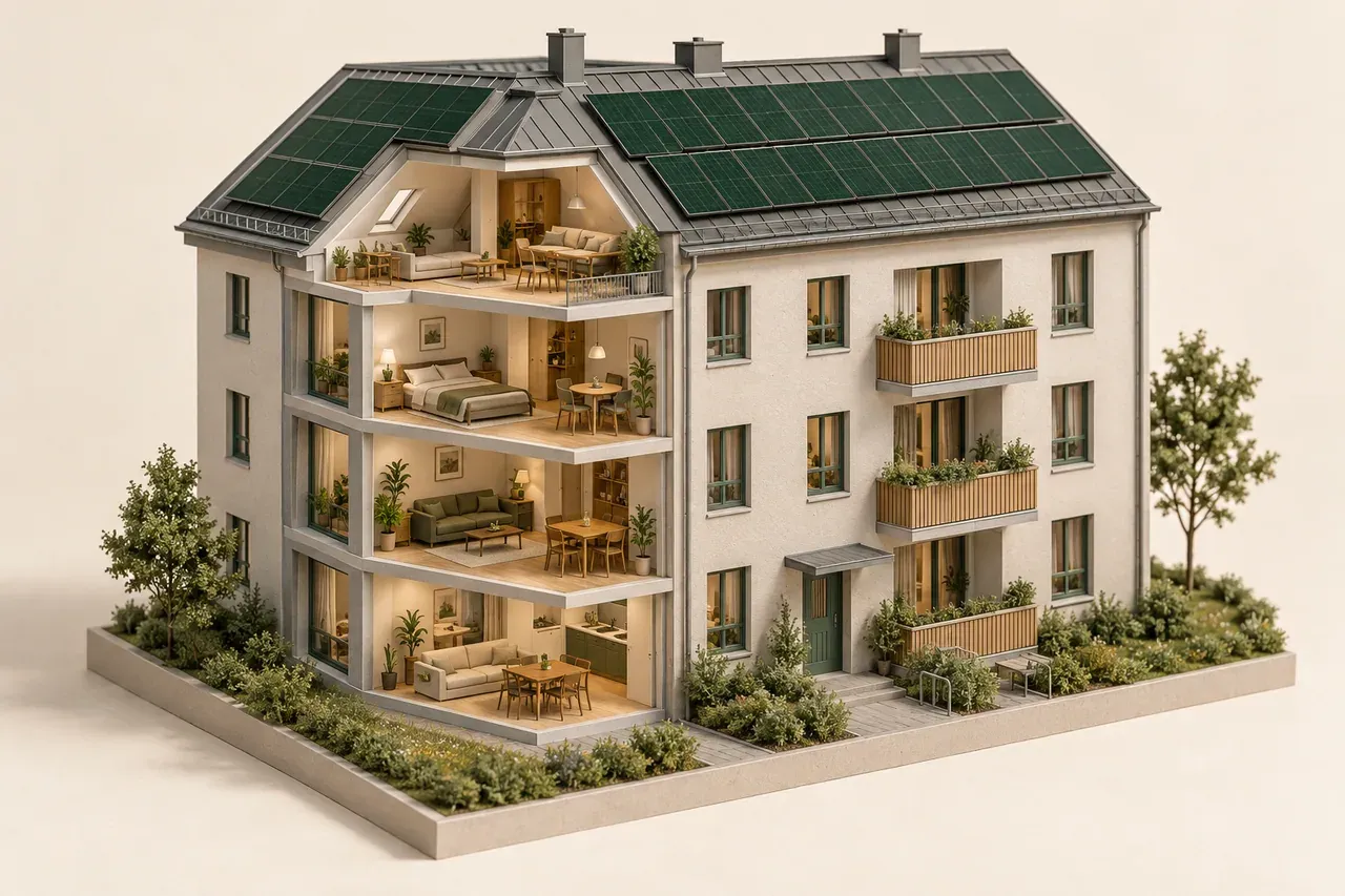 Architekturmodell eines mehrgeschossigen Wohnhauses mit Solarmodulen auf dem Dach und offenem Fassadenausschnitt, der mehrere Wohnungen zeigt.