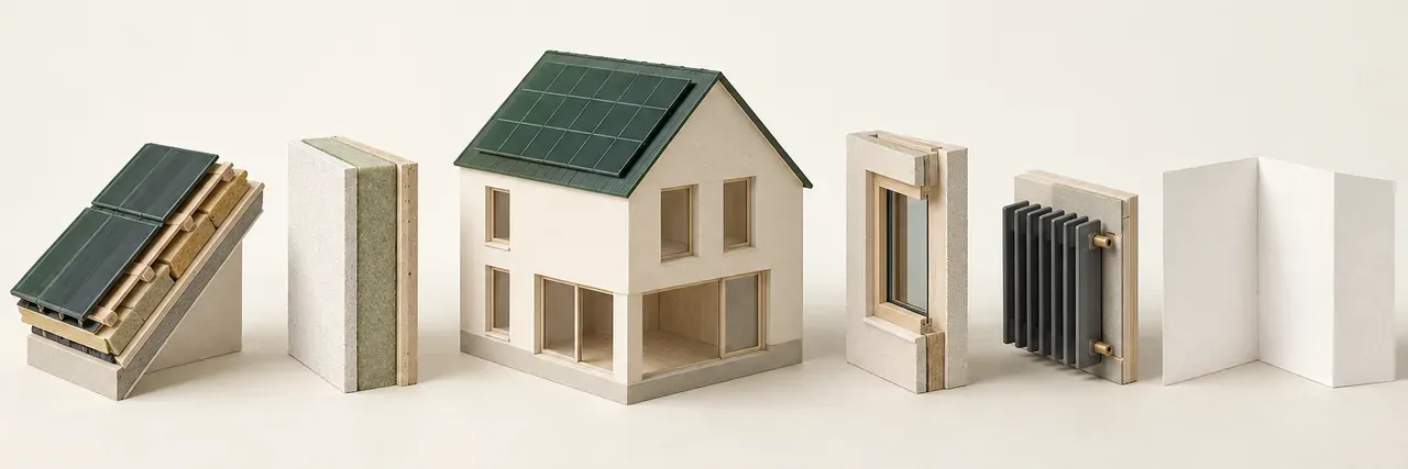 Hausmodell mit getrennt danebenliegenden Bauteilstudien zu Dach, Wand, Fenster und Heizfläche.