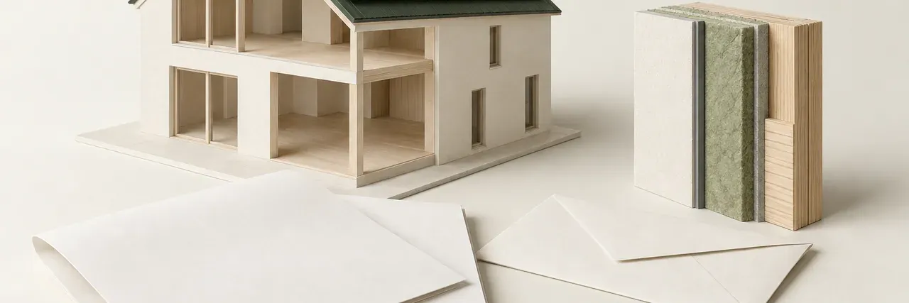 Neutrale Planblätter und Materialproben neben einem einfachen Hausmodell aus hellem Architekturkarton.
