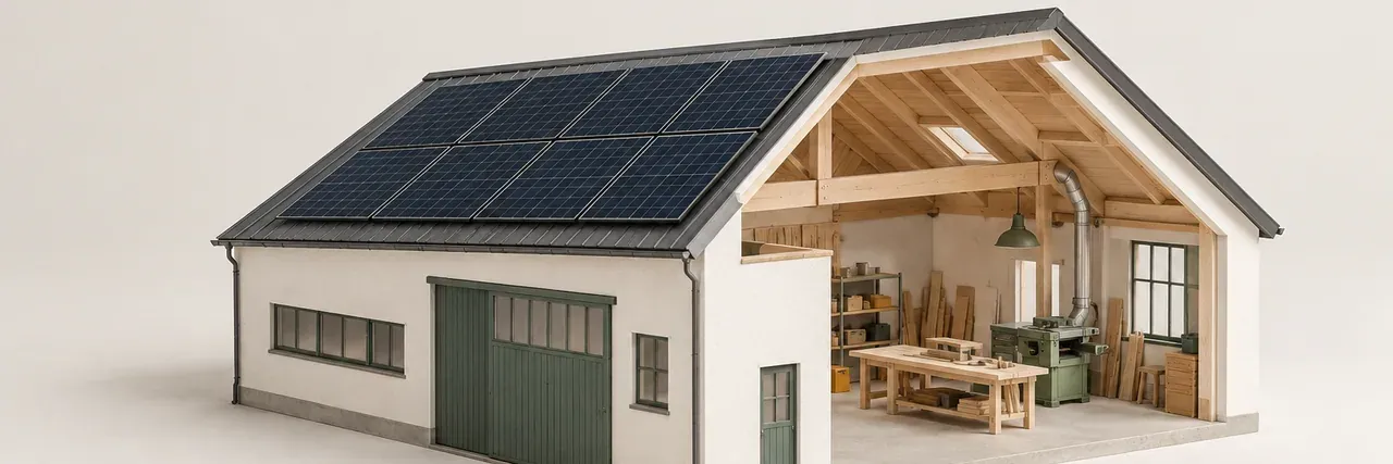 Architekturmodell einer kleinen Werkstatt mit Solarmodulen auf dem Dach und einem offenen Wandabschnitt, der den Arbeitsraum zeigt.