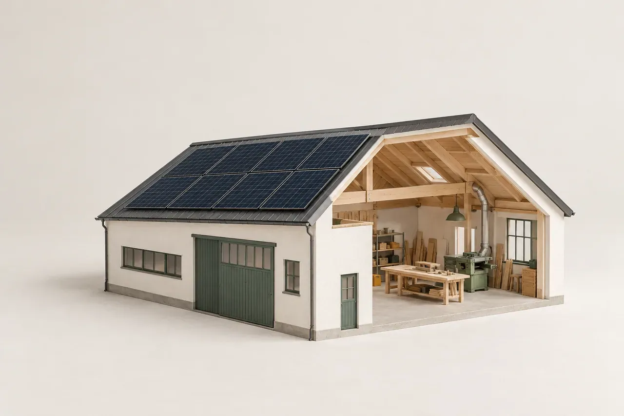 Architekturmodell einer kleinen Werkstatt mit Solarmodulen auf dem Dach und einem offenen Wandabschnitt, der den Arbeitsraum zeigt.