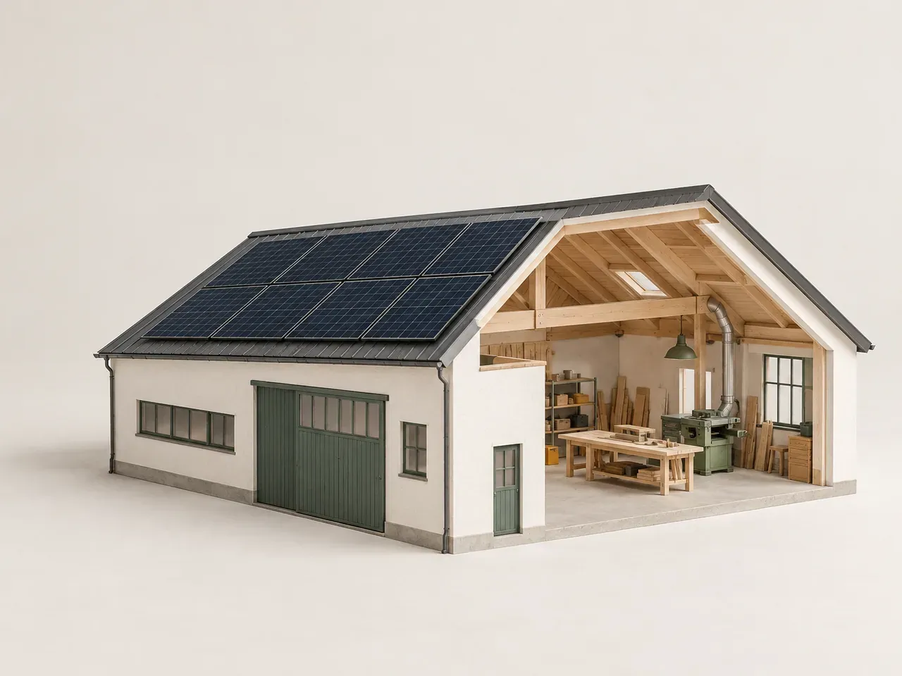 Architekturmodell einer kleinen Werkstatt mit Solarmodulen auf dem Dach und einem offenen Wandabschnitt, der den Arbeitsraum zeigt.